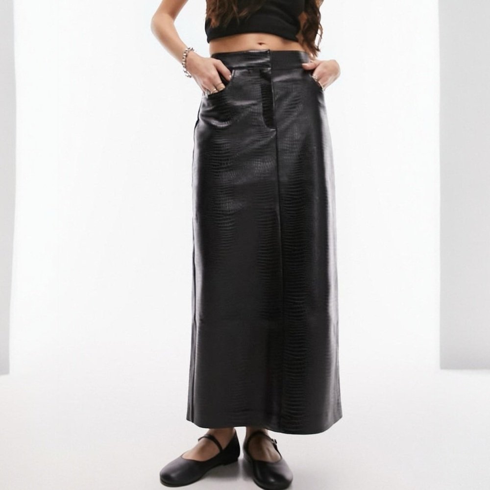 Nwt Topshop Croc Embossed Faux Leather Midi Women's Skirt Us 6 (Fits Like A 2-4)